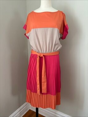 Sandra Angelozzi Bright Colorblock Pleated Midi Dress in Orange, Pink & Tan Sz M